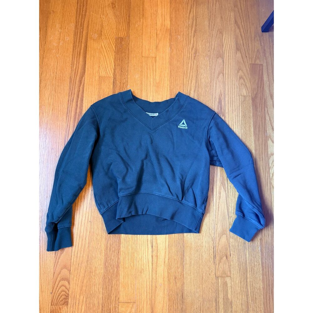 Reebok Black Cropped V Neck Sweatshirt Logo Pullover